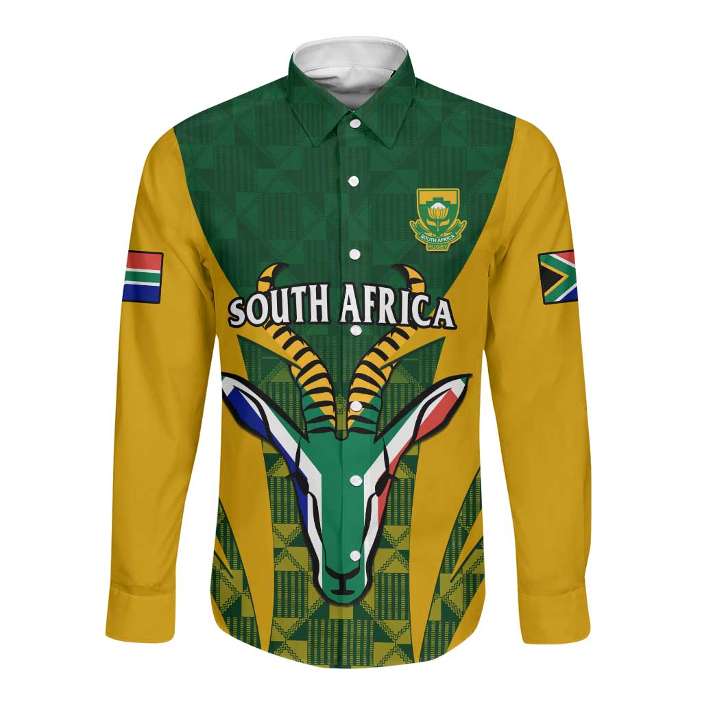 Custom South Africa Rugby Long Sleeve Button Shirt Go Springboks Kente With Bokke
