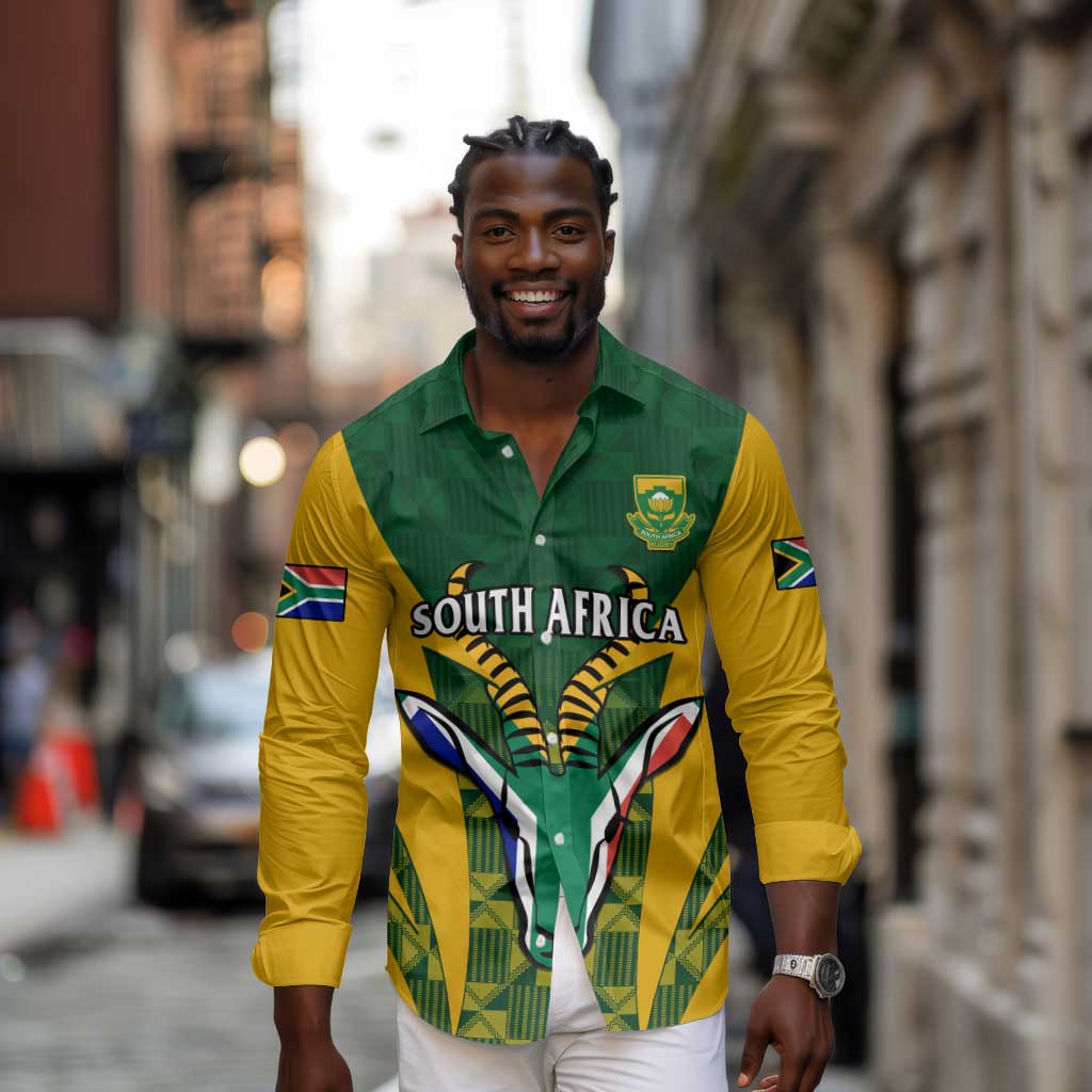 Custom South Africa Rugby Long Sleeve Button Shirt Go Springboks Kente With Bokke