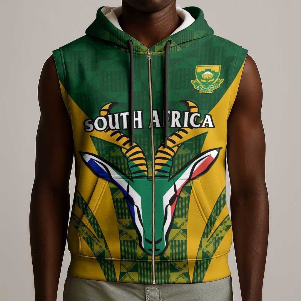 Custom South Africa Rugby Sleeveless Zip Hoodie Go Springboks Kente With Bokke - African Pride