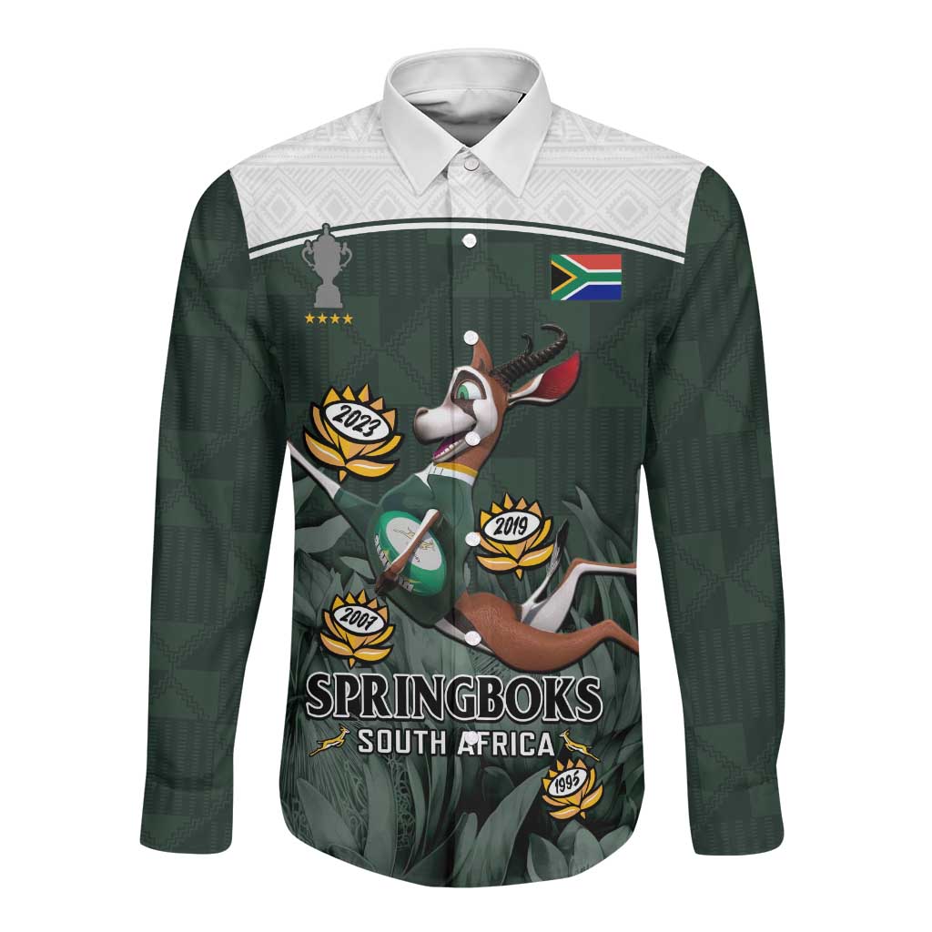 Custom South Africa Rugby Long Sleeve Button Shirt Springboks 4th Champions World Cup Proud Bokke