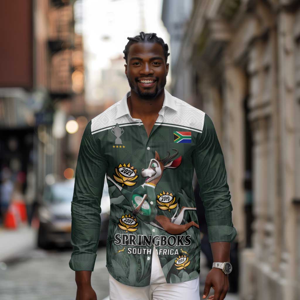 Custom South Africa Rugby Long Sleeve Button Shirt Springboks 4th Champions World Cup Proud Bokke