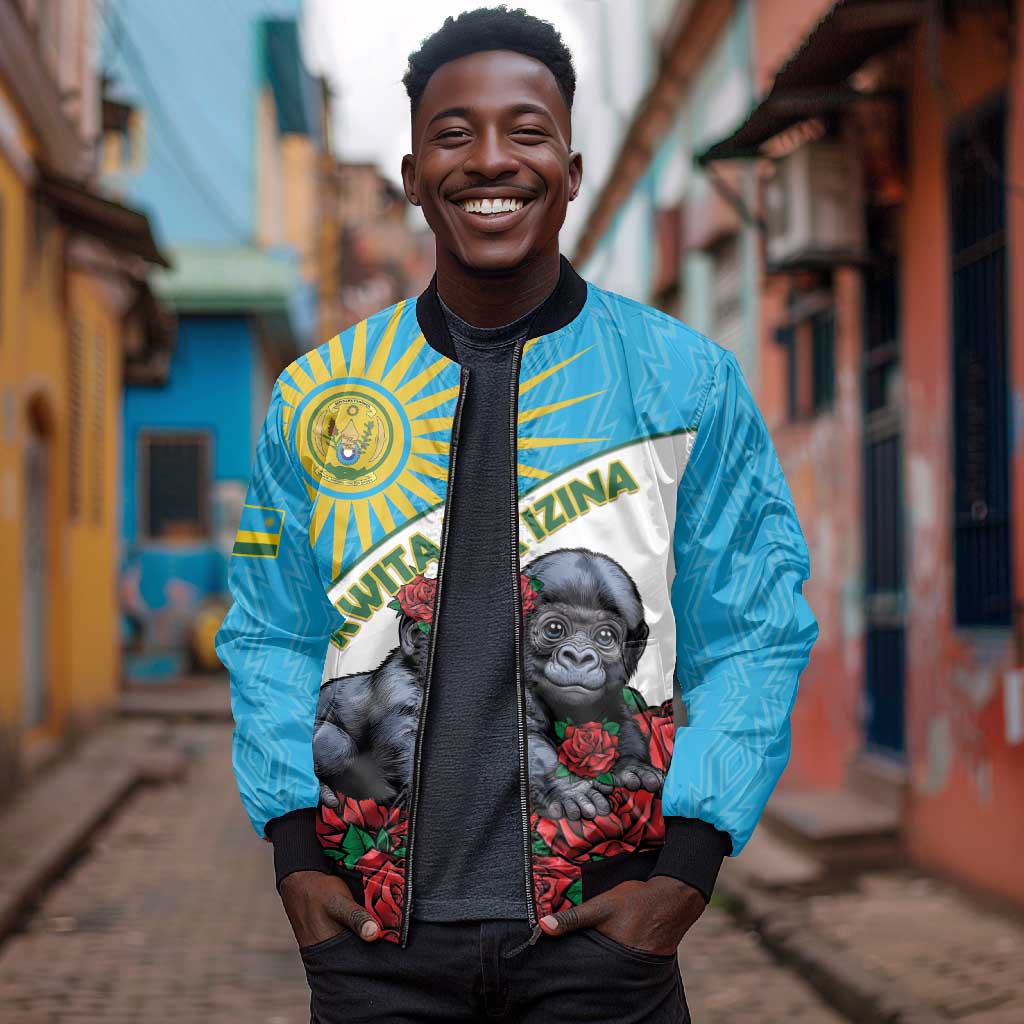 Personalized Rwanda’s Gorilla Naming Bomber Jacket Baby Gorilla Coat Of Arms With Red Rose - African Pride
