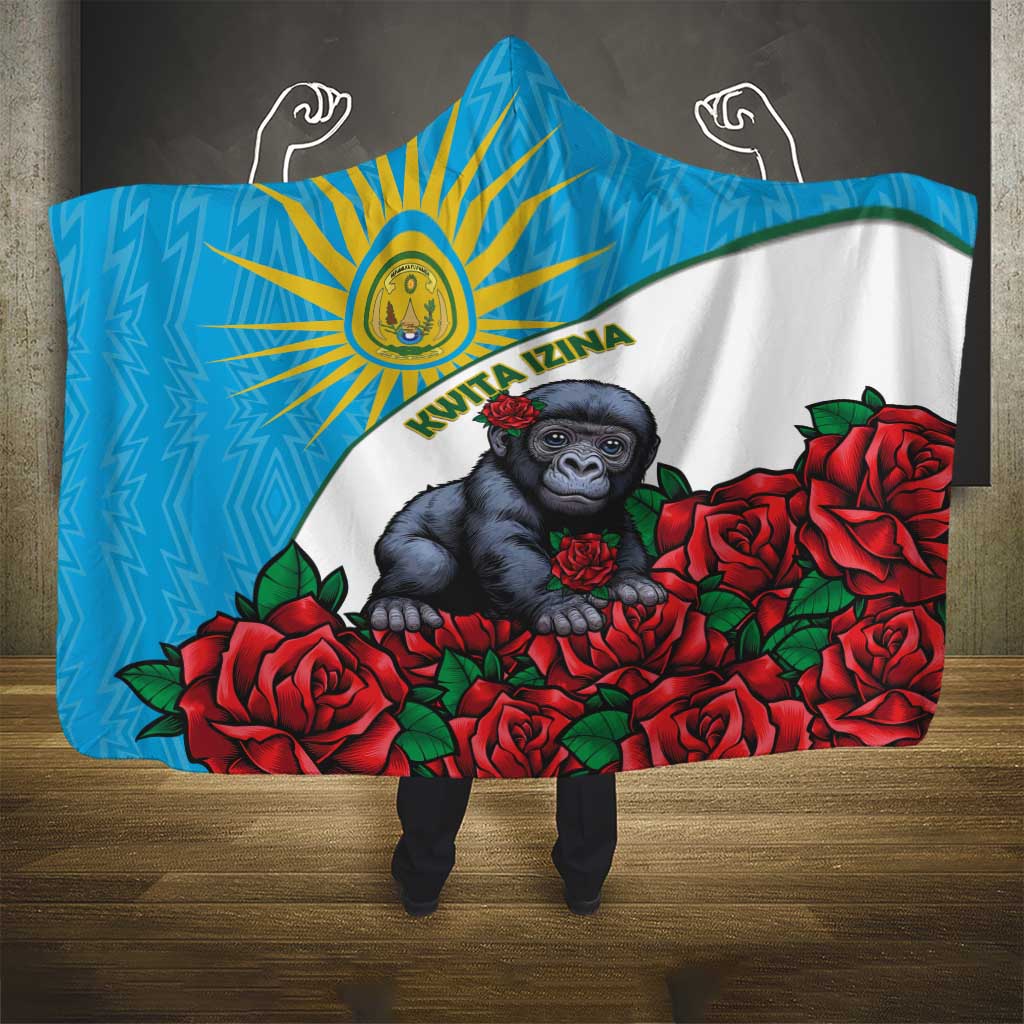 Rwanda’s Gorilla Naming Hooded Blanket Baby Gorilla Coat Of Arms With Red Rose - African Pride