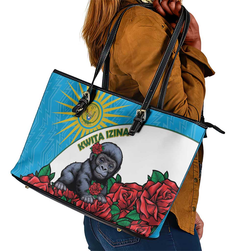 Rwanda’s Gorilla Naming Leather Tote Bag Baby Gorilla Coat Of Arms With Red Rose - African Pride