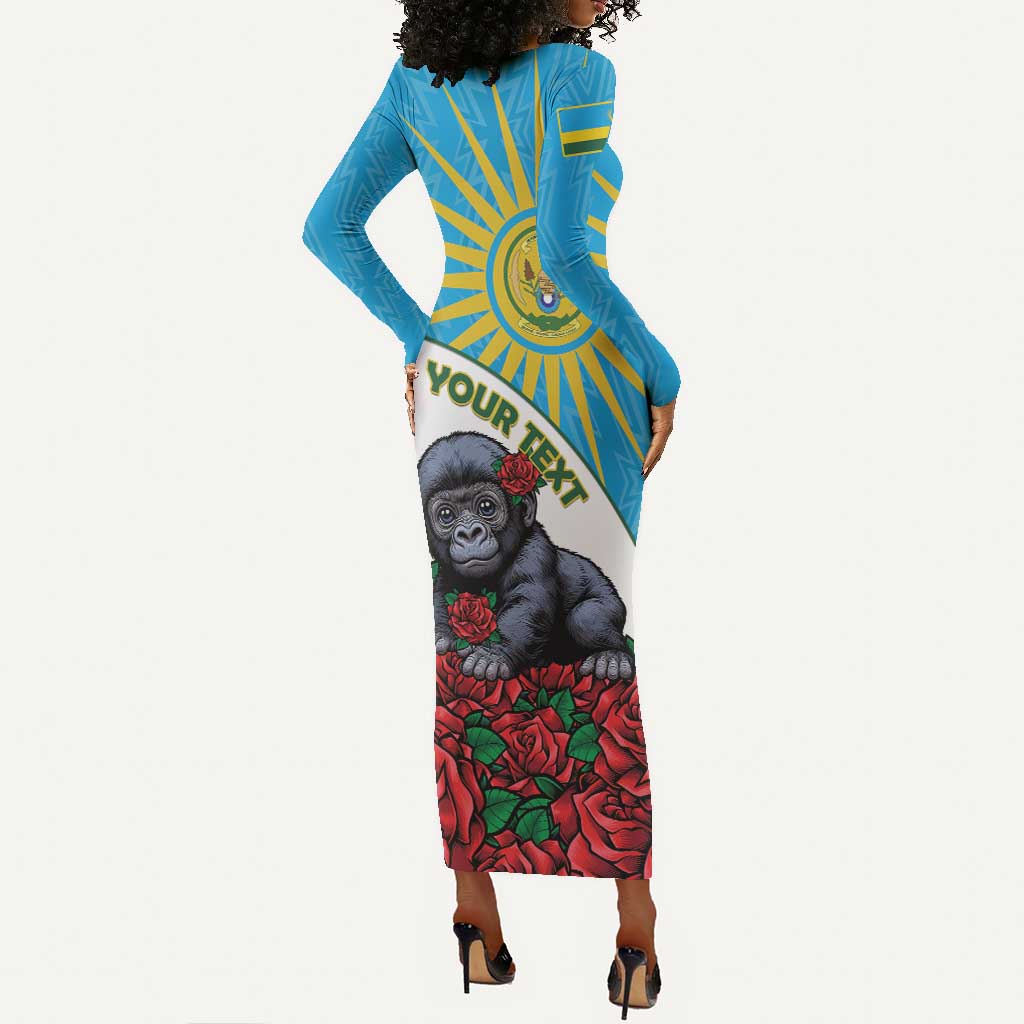 Personalized Rwanda’s Gorilla Naming Long Sleeve Bodycon Dress Baby Gorilla Coat Of Arms With Red Rose - African Pride