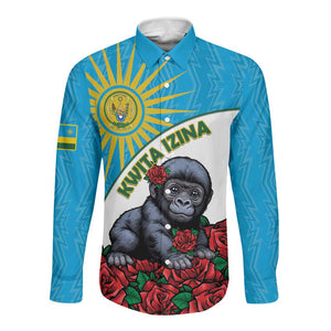 Personalized Rwanda’s Gorilla Naming Long Sleeve Button Shirt Baby Gorilla Coat Of Arms With Red Rose - African Pride