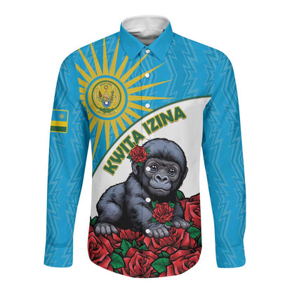 Personalized Rwanda’s Gorilla Naming Long Sleeve Button Shirt Baby Gorilla Coat Of Arms With Red Rose - African Pride
