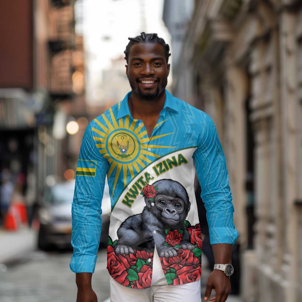 Personalized Rwanda’s Gorilla Naming Long Sleeve Button Shirt Baby Gorilla Coat Of Arms With Red Rose - African Pride