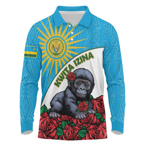Personalized Rwanda’s Gorilla Naming Long Sleeve Polo Shirt Baby Gorilla Coat Of Arms With Red Rose - African Pride