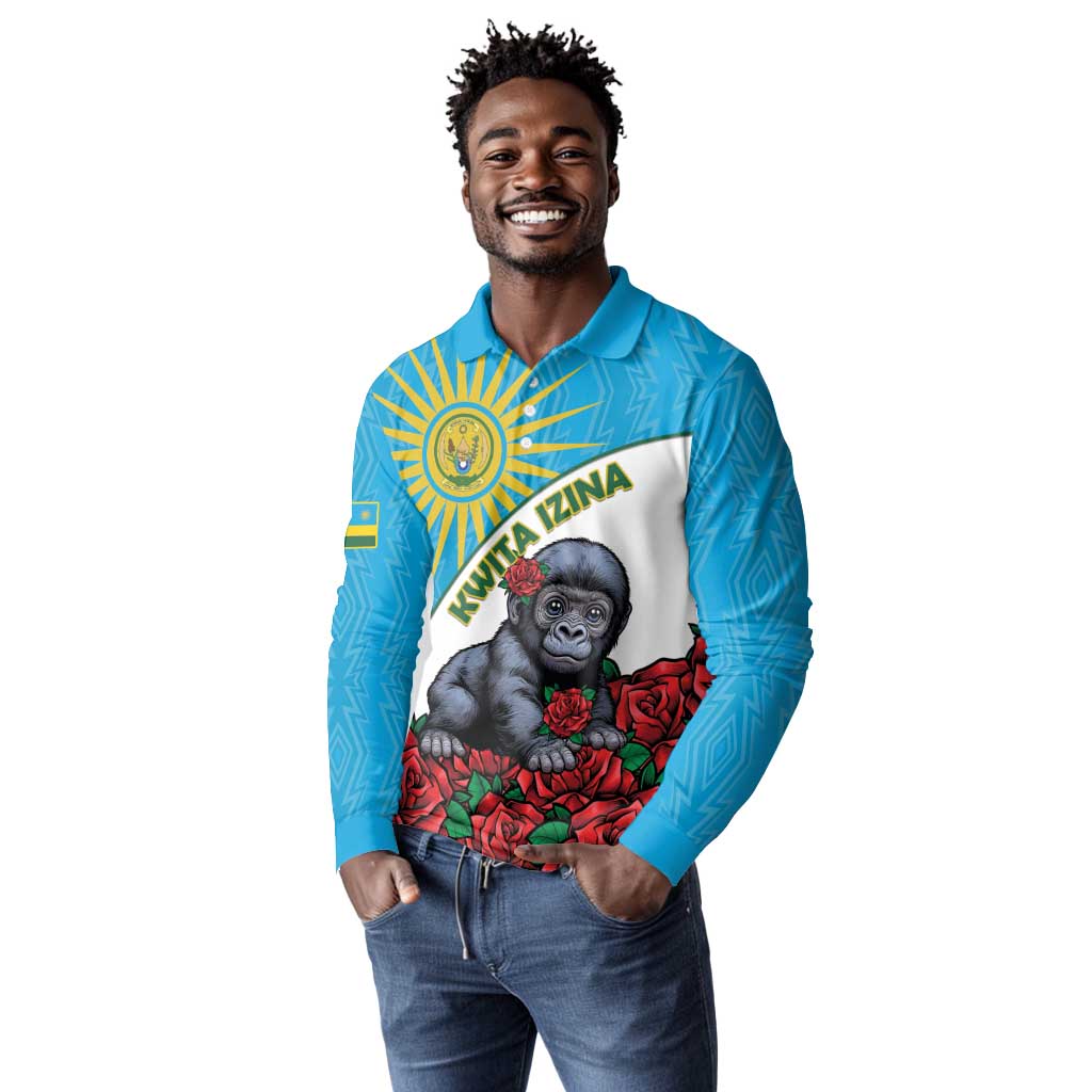 Personalized Rwanda’s Gorilla Naming Long Sleeve Polo Shirt Baby Gorilla Coat Of Arms With Red Rose - African Pride