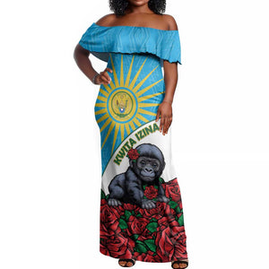 Personalized Rwanda’s Gorilla Naming Off Shoulder Maxi Dress Baby Gorilla Coat Of Arms With Red Rose - African Pride