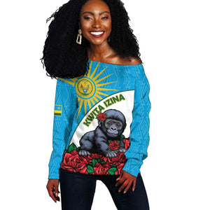 Personalized Rwanda’s Gorilla Naming Off Shoulder Sweater Baby Gorilla Coat Of Arms With Red Rose - African Pride