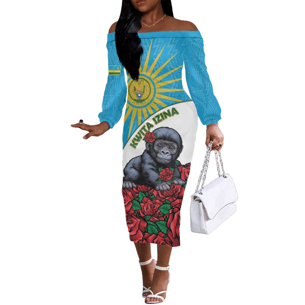 Personalized Rwanda’s Gorilla Naming Off The Shoulder Long Sleeve Dress Baby Gorilla Coat Of Arms With Red Rose - African Pride