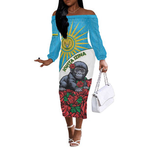 Personalized Rwanda’s Gorilla Naming Off The Shoulder Long Sleeve Dress Baby Gorilla Coat Of Arms With Red Rose - African Pride