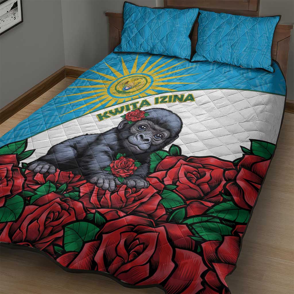 Rwanda’s Gorilla Naming Quilt Bed Set Baby Gorilla Coat Of Arms With Red Rose - African Pride