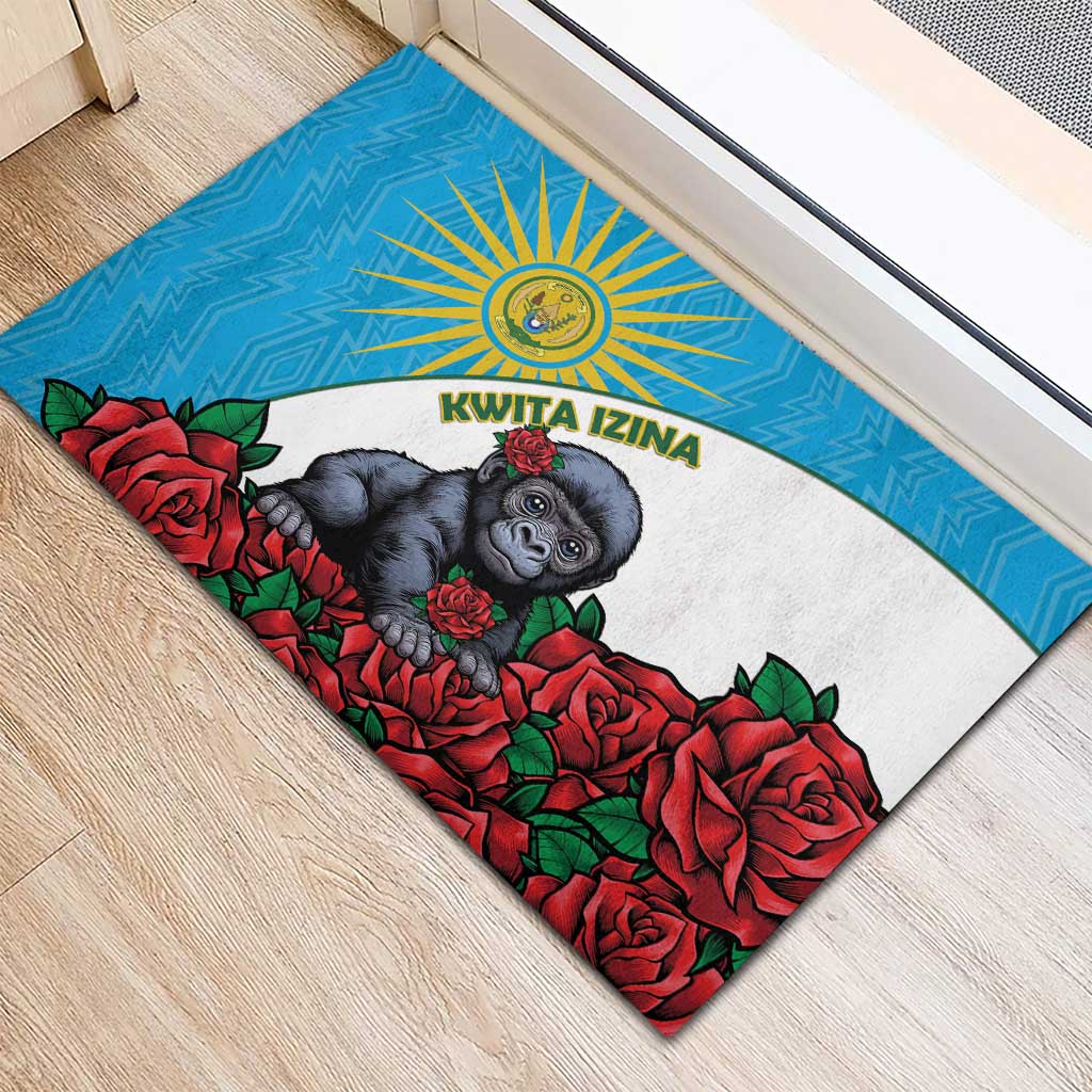 Rwanda’s Gorilla Naming Rubber Doormat Baby Gorilla Coat Of Arms With Red Rose - African Pride