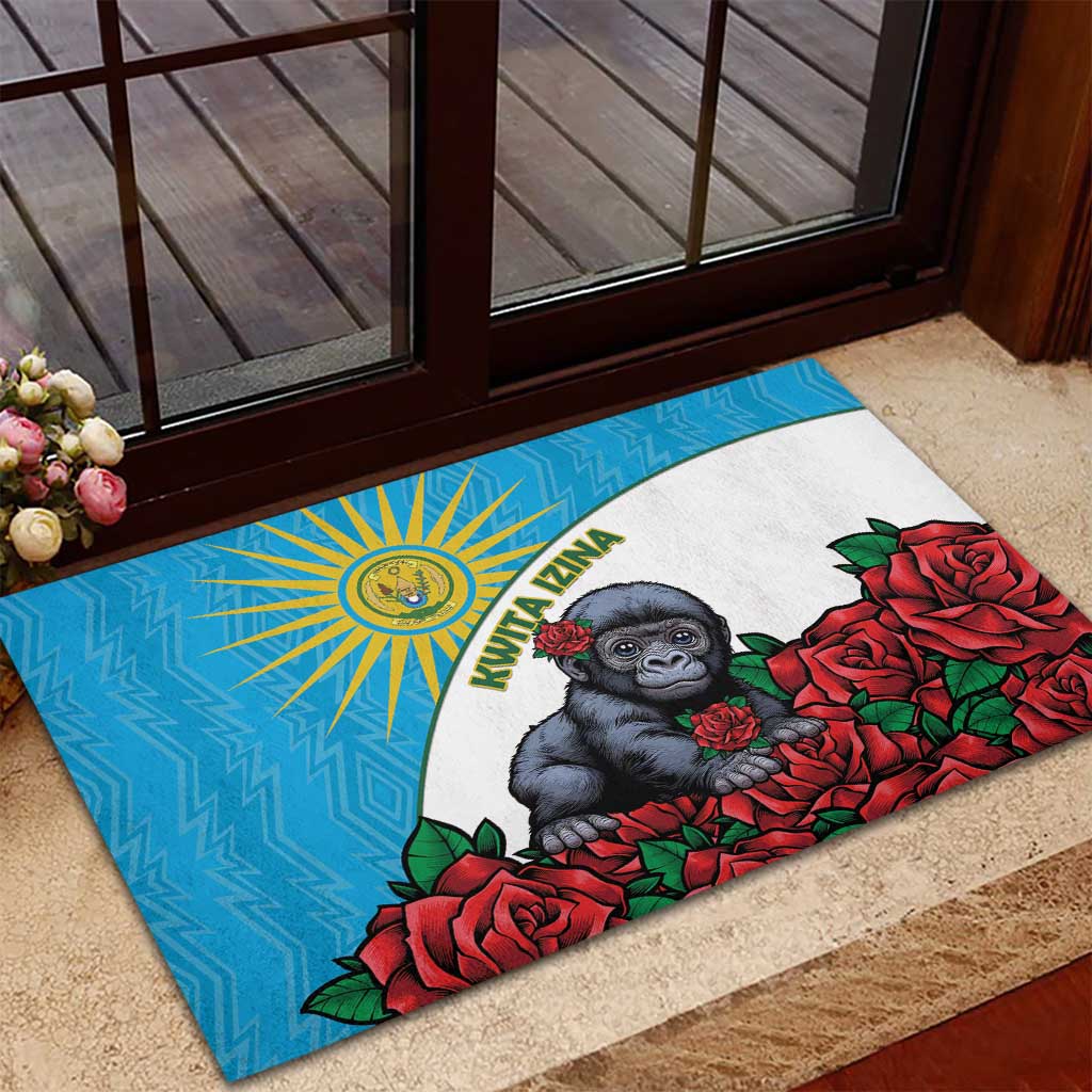 Rwanda’s Gorilla Naming Rubber Doormat Baby Gorilla Coat Of Arms With Red Rose - African Pride