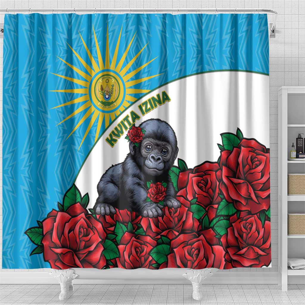 Rwanda’s Gorilla Naming Shower Curtain Baby Gorilla Coat Of Arms With Red Rose - African Pride