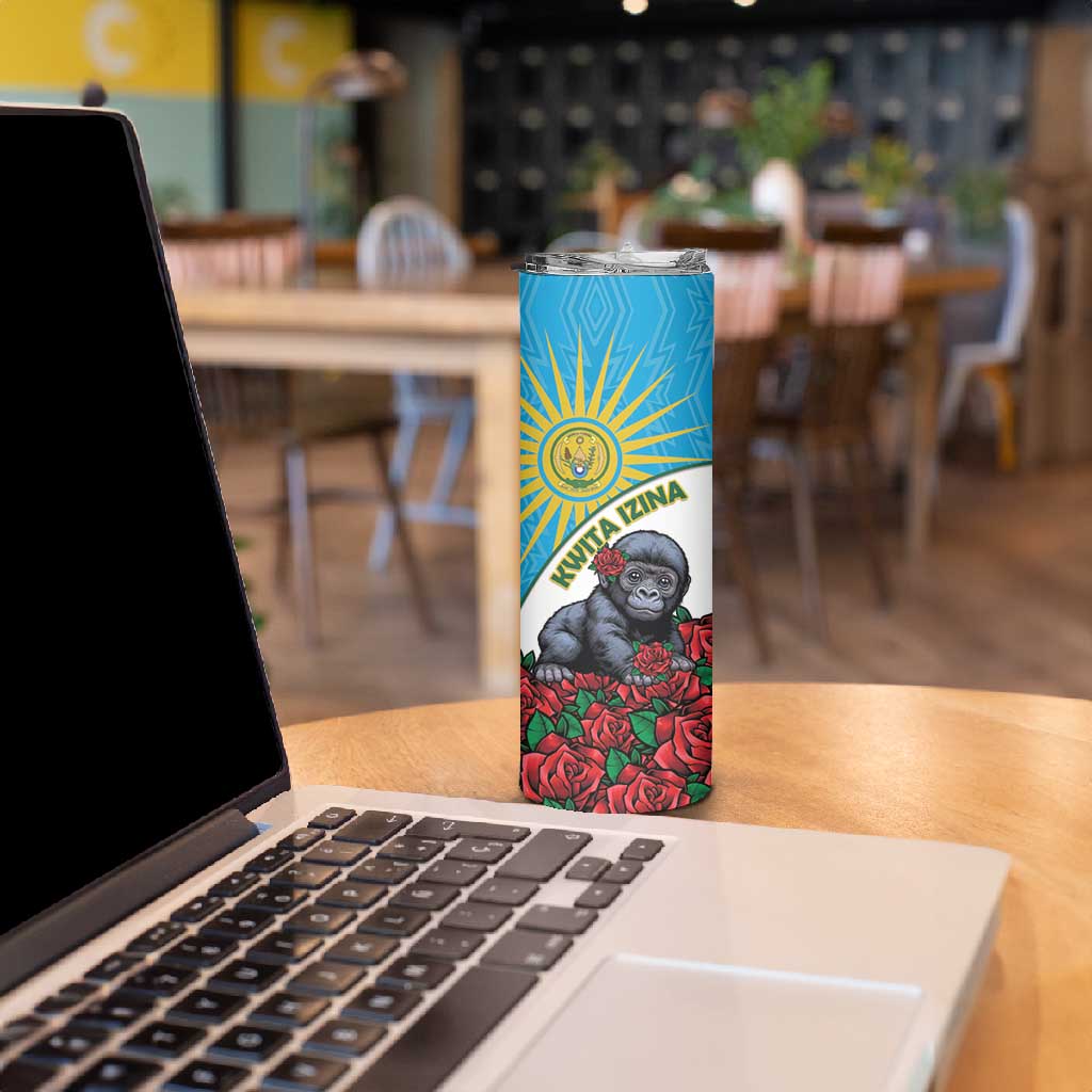 Personalized Rwanda’s Gorilla Naming Skinny Tumbler Baby Gorilla Coat Of Arms With Red Rose - African Pride
