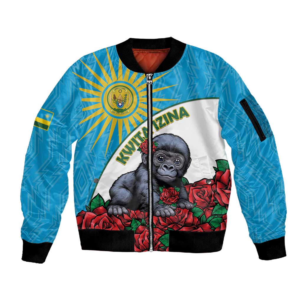 Personalized Rwanda’s Gorilla Naming Sleeve Zip Bomber Jacket Baby Gorilla Coat Of Arms With Red Rose - African Pride