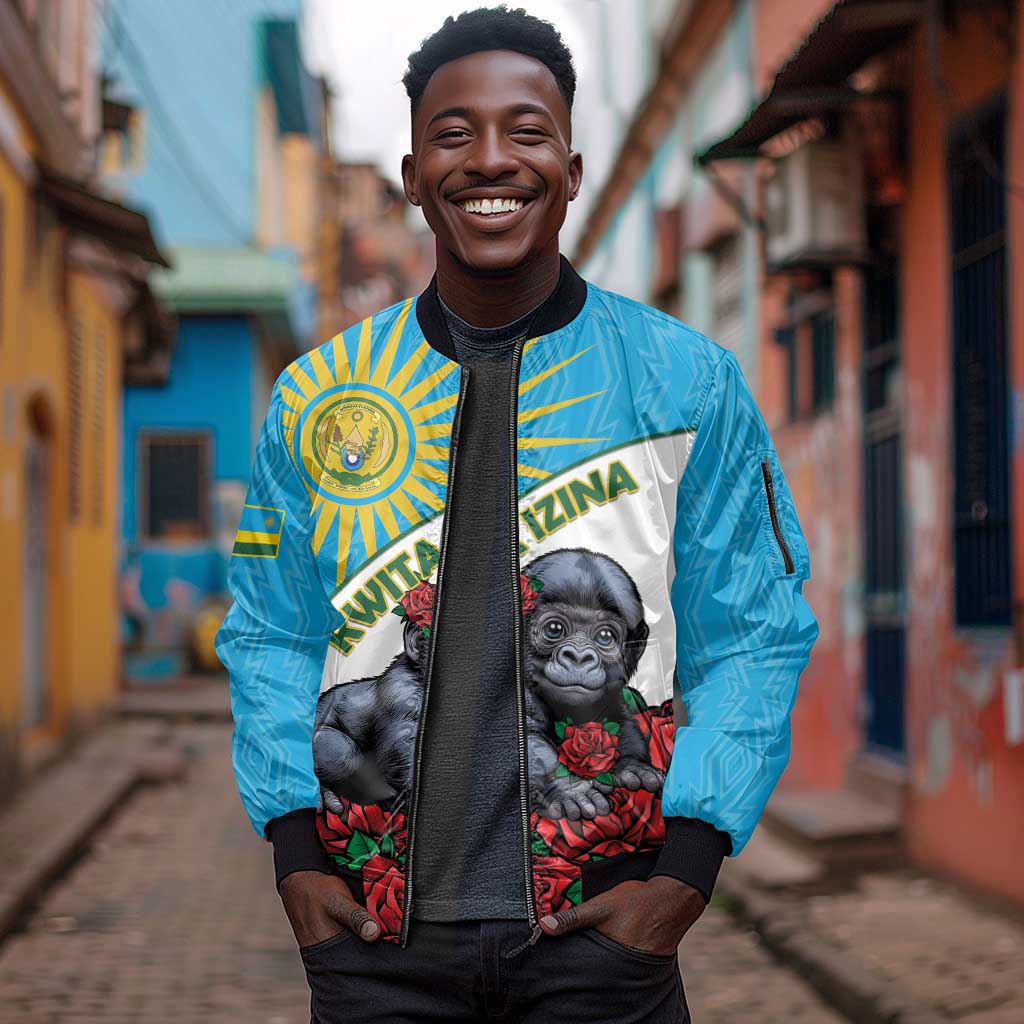 Personalized Rwanda’s Gorilla Naming Sleeve Zip Bomber Jacket Baby Gorilla Coat Of Arms With Red Rose - African Pride