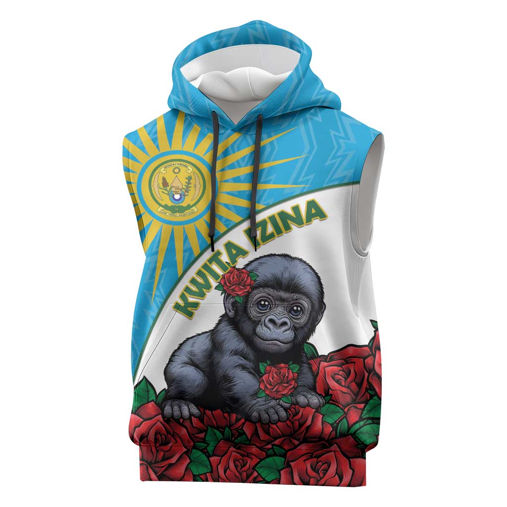 Personalized Rwanda’s Gorilla Naming Sleeveless Hoodie Baby Gorilla Coat Of Arms With Red Rose - African Pride