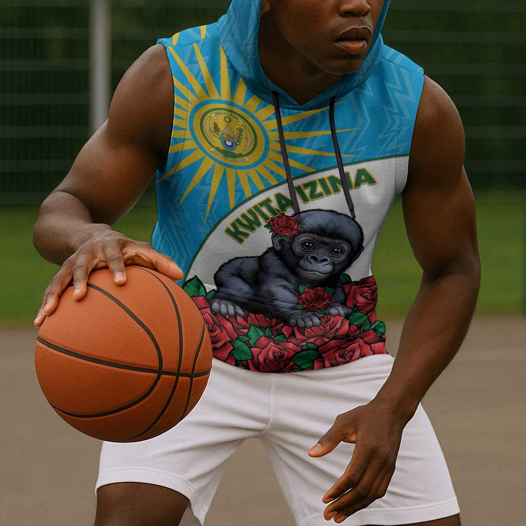 Personalized Rwanda’s Gorilla Naming Sleeveless Hoodie Baby Gorilla Coat Of Arms With Red Rose - African Pride