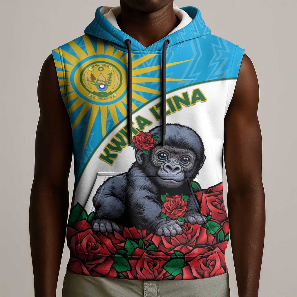 Personalized Rwanda’s Gorilla Naming Sleeveless Hoodie Baby Gorilla Coat Of Arms With Red Rose - African Pride