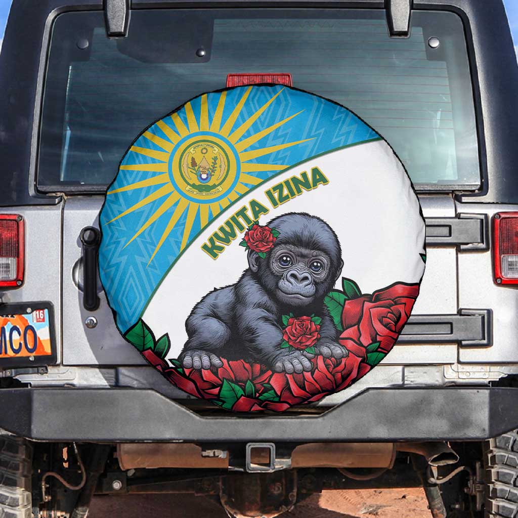 Rwanda’s Gorilla Naming Spare Tire Cover Baby Gorilla Coat Of Arms With Red Rose - African Pride