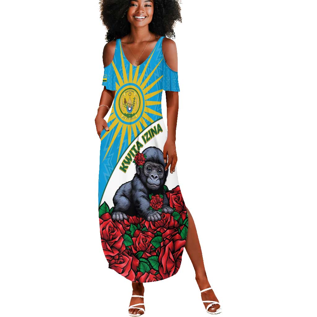 Personalized Rwanda’s Gorilla Naming Summer Maxi Dress Baby Gorilla Coat Of Arms With Red Rose - African Pride