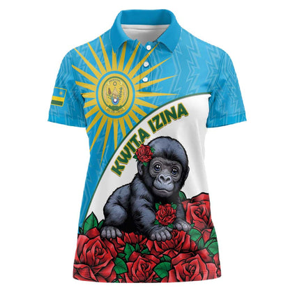Personalized Rwanda’s Gorilla Naming Women Polo Shirt Baby Gorilla Coat Of Arms With Red Rose - African Pride