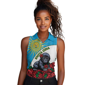 Personalized Rwanda’s Gorilla Naming Women Sleeveless Polo Shirt Baby Gorilla Coat Of Arms With Red Rose - African Pride