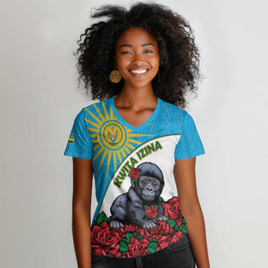 Personalized Rwanda’s Gorilla Naming Women V-Neck T-Shirt Baby Gorilla Coat Of Arms With Red Rose - African Pride