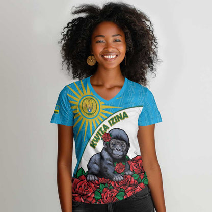 Personalized Rwanda’s Gorilla Naming Women V-Neck T-Shirt Baby Gorilla Coat Of Arms With Red Rose - African Pride