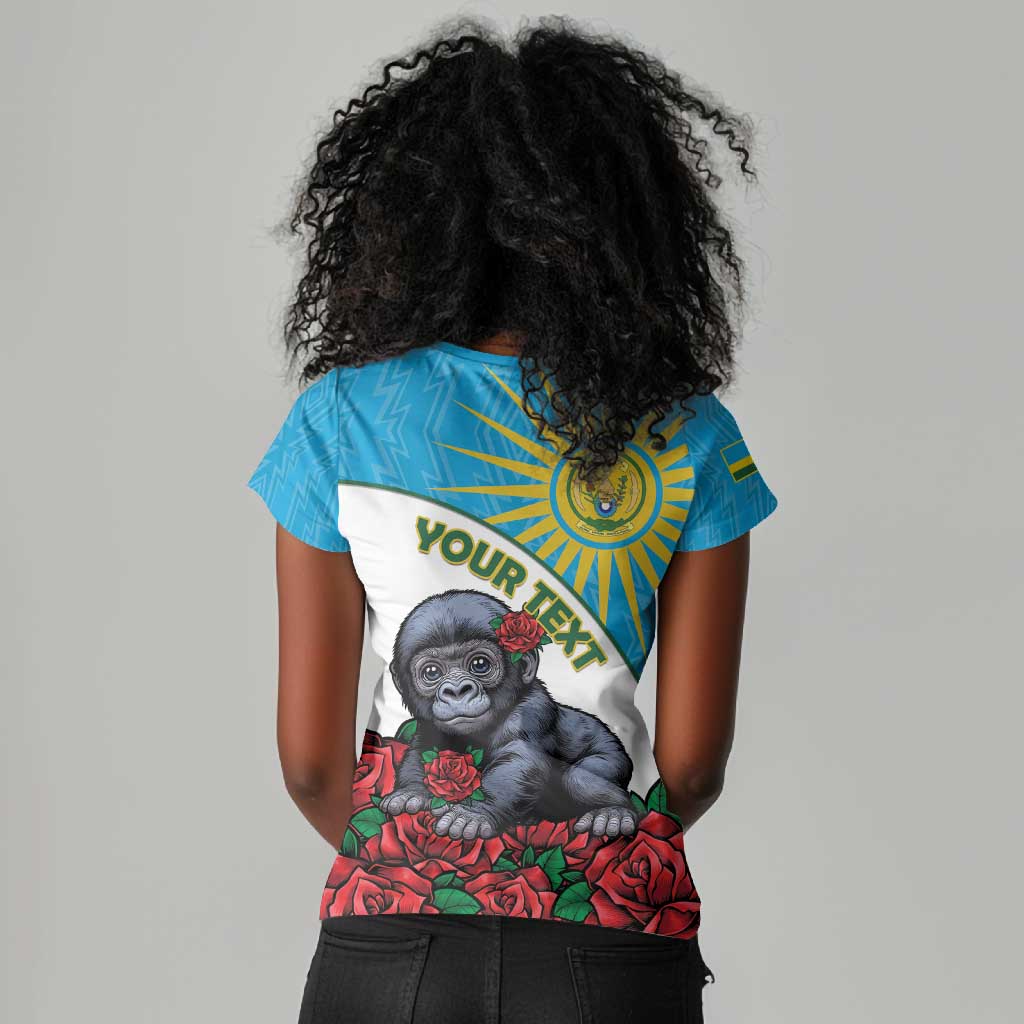 Personalized Rwanda’s Gorilla Naming Women V-Neck T-Shirt Baby Gorilla Coat Of Arms With Red Rose - African Pride