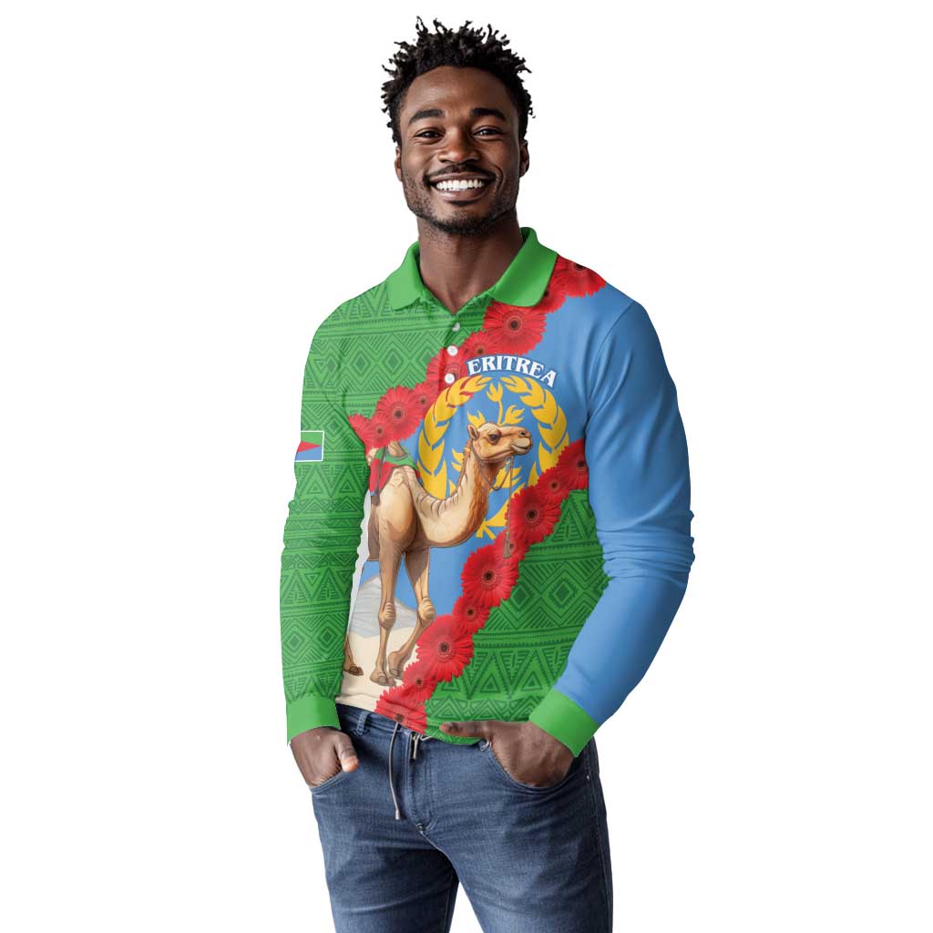 Personalised Eritrea Arabian Camel Long Sleeve Polo Shirt Gerbera Flower - Flag Color