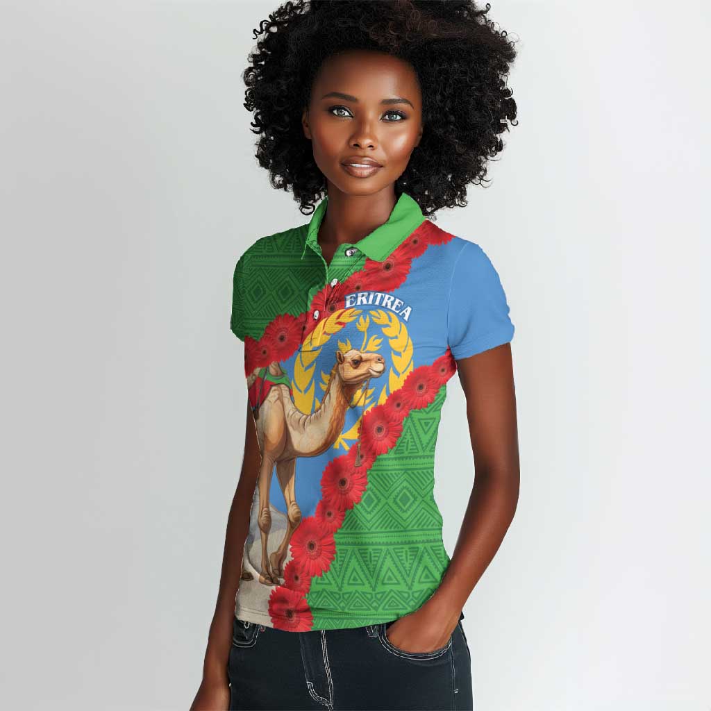 Personalised Eritrea Arabian Camel Women Polo Shirt Gerbera Flower - Flag Color