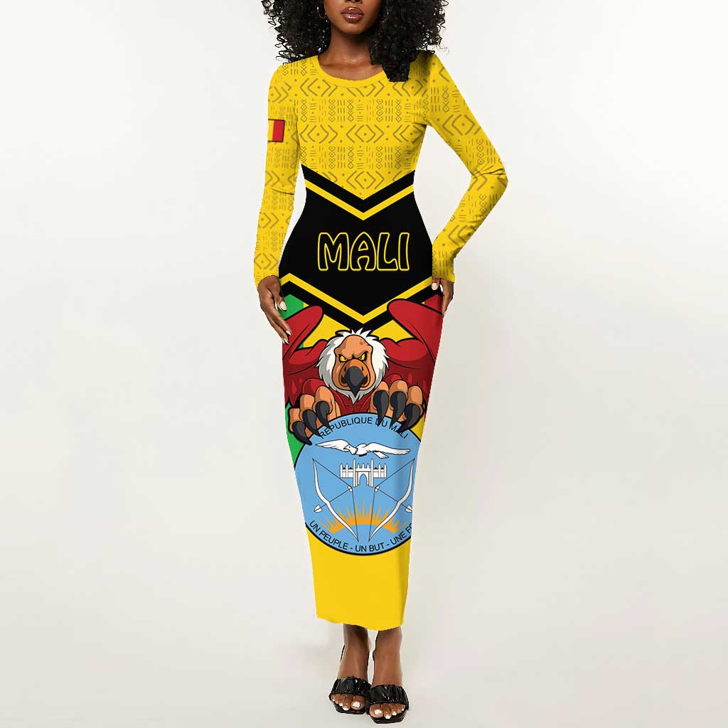 Personalized Afro Mali Vulture Long Sleeve Bodycon Dress Coat Of Arms - Bogolan Pattern LT15