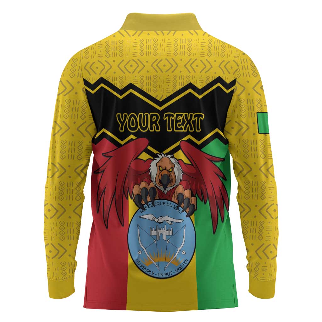 Personalized Afro Mali Vulture Long Sleeve Polo Shirt Coat Of Arms - Bogolan Pattern