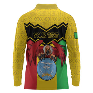 Personalized Afro Mali Vulture Long Sleeve Polo Shirt Coat Of Arms - Bogolan Pattern
