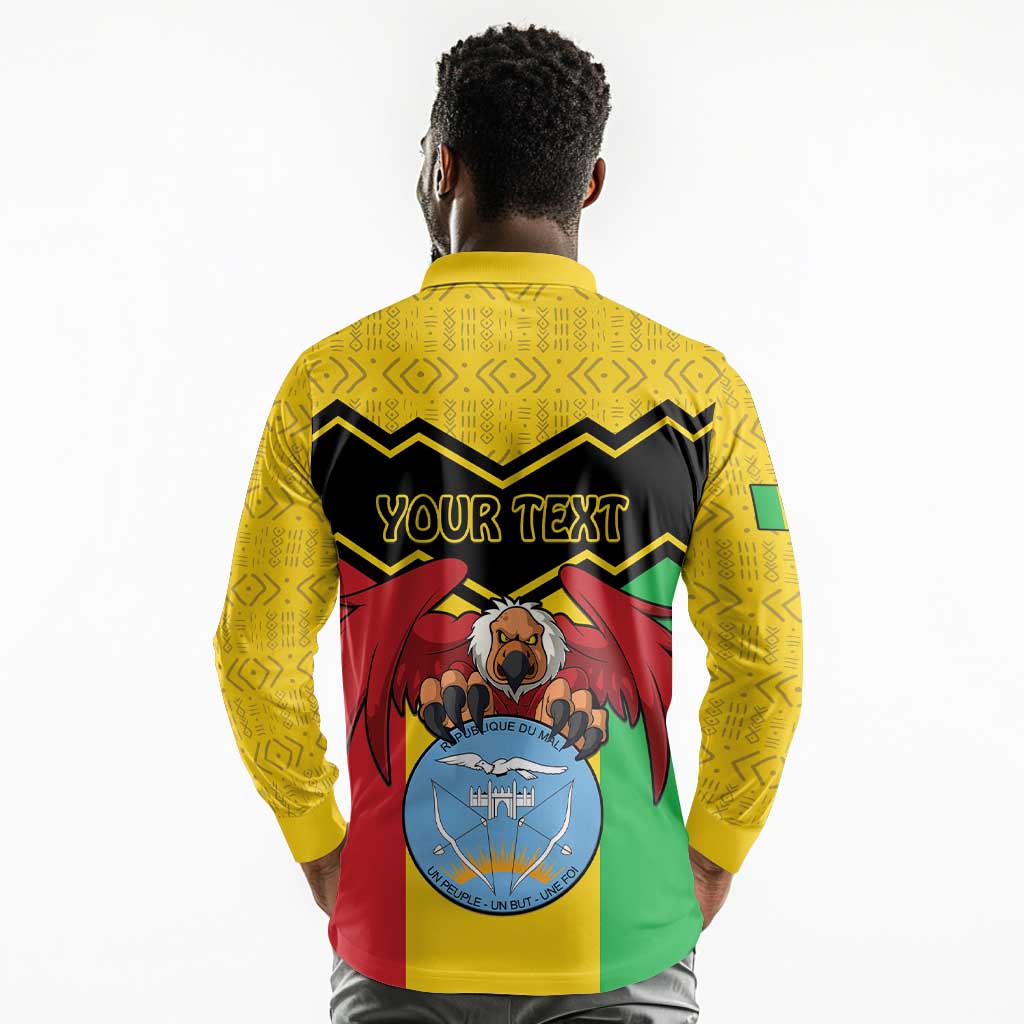 Personalized Afro Mali Vulture Long Sleeve Polo Shirt Coat Of Arms - Bogolan Pattern