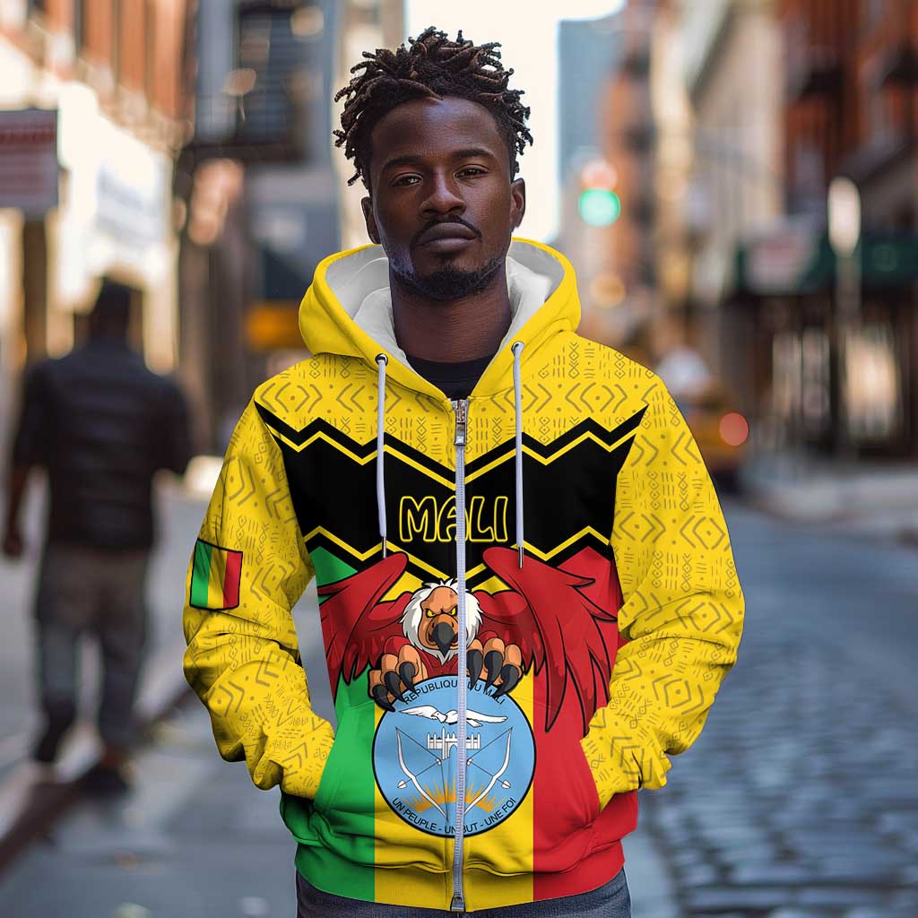 Personalized Afro Mali Vulture Zip Hoodie Coat Of Arms - Bogolan Pattern