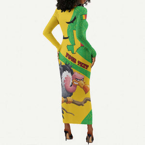 Personalized Afro Mali Vulture Long Sleeve Bodycon Dress Flag Map - Bogolan Pattern LT15
