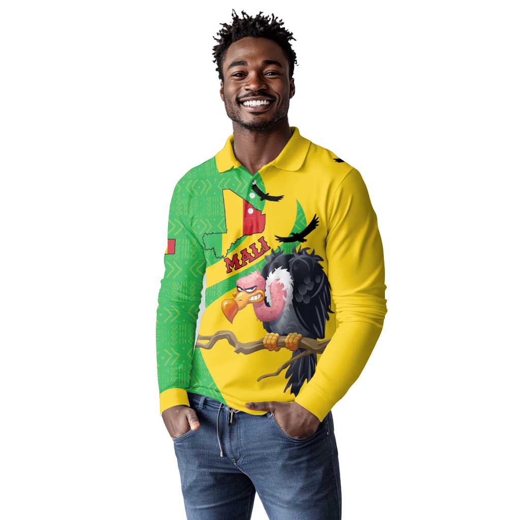 Personalized Afro Mali Vulture Long Sleeve Polo Shirt Flag Map - Bogolan Pattern