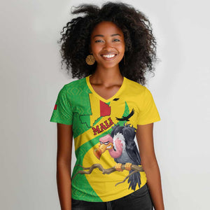 Personalized Afro Mali Vulture Women V-Neck T-Shirt Flag Map - Bogolan Pattern