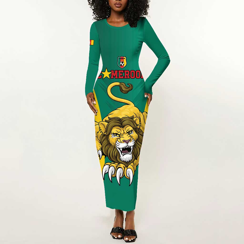 Custom Afro Cameroun Football Long Sleeve Bodycon Dress Go Les Lions Indomptables LT15