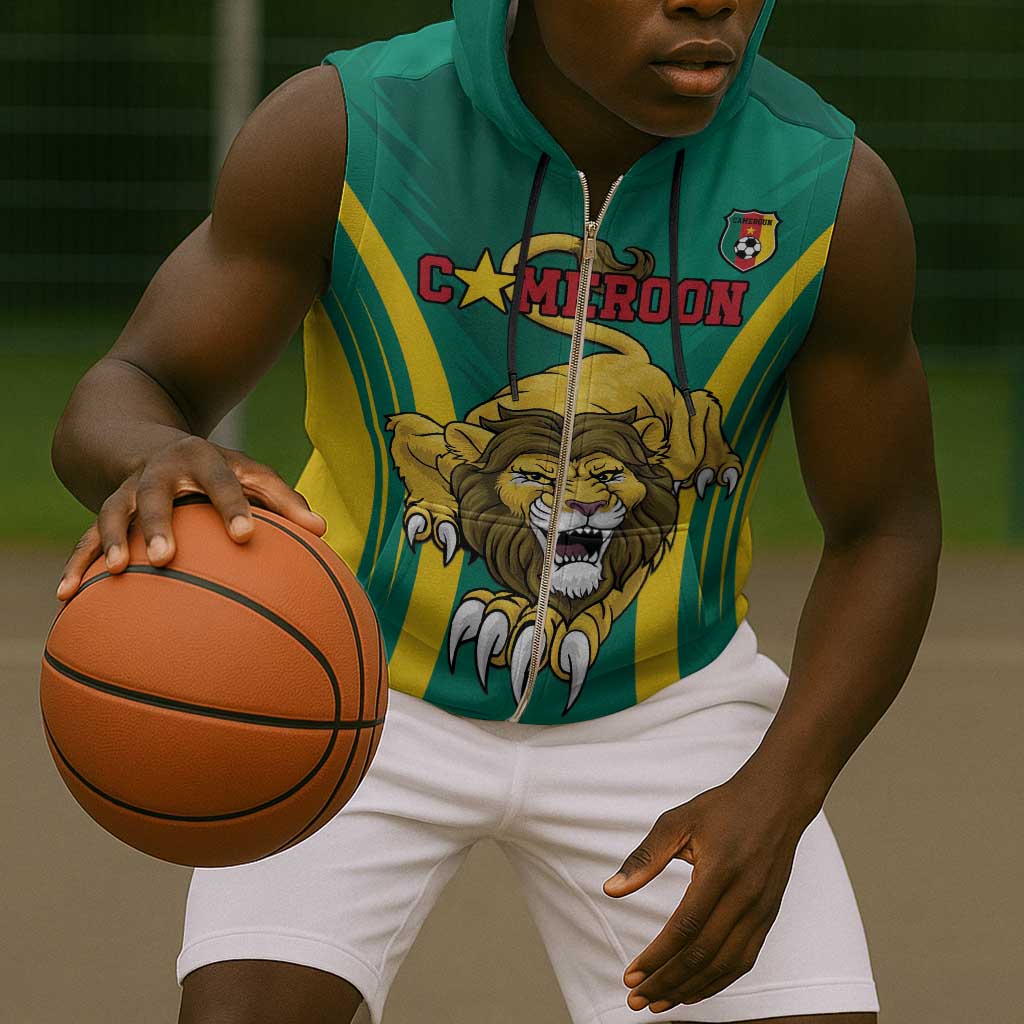 Custom Afro Cameroun Football Sleeveless Zip Hoodie Go Les Lions Indomptables - African Pride