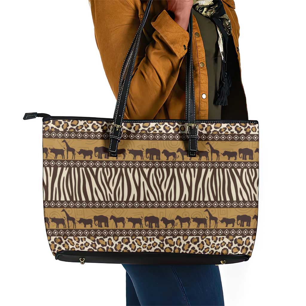 Leopards and Zebra Skins Leather Tote Bag Mix African Pattern