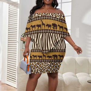 Leopards and Zebra Skins Off Shoulder Short Dress Mix African Pattern
