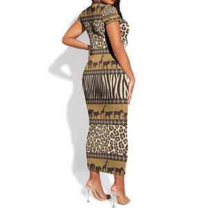 Leopards and Zebra Skins Short Sleeve Bodycon Dress Mix African Pattern LT15